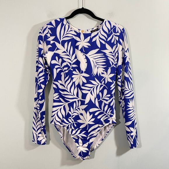 Kate Spade Blue Floral Long Sleeve Paddle Rash Guard One Piece Swimsuit Size M - Picture 1 of 7